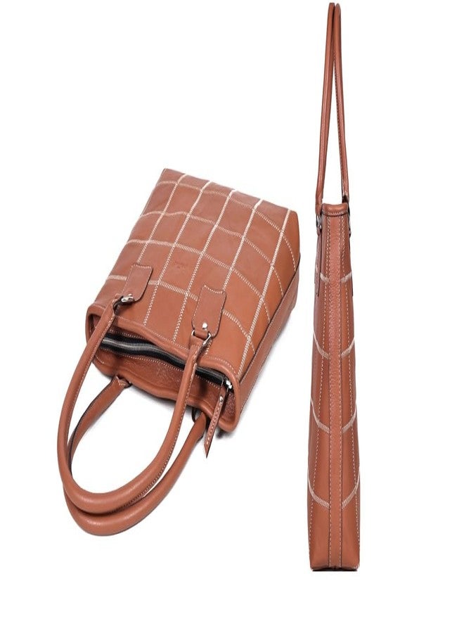 Celtic Genuine Leather Brown Tote Bag with Check Stitch Design and Zip Closure - Image 5